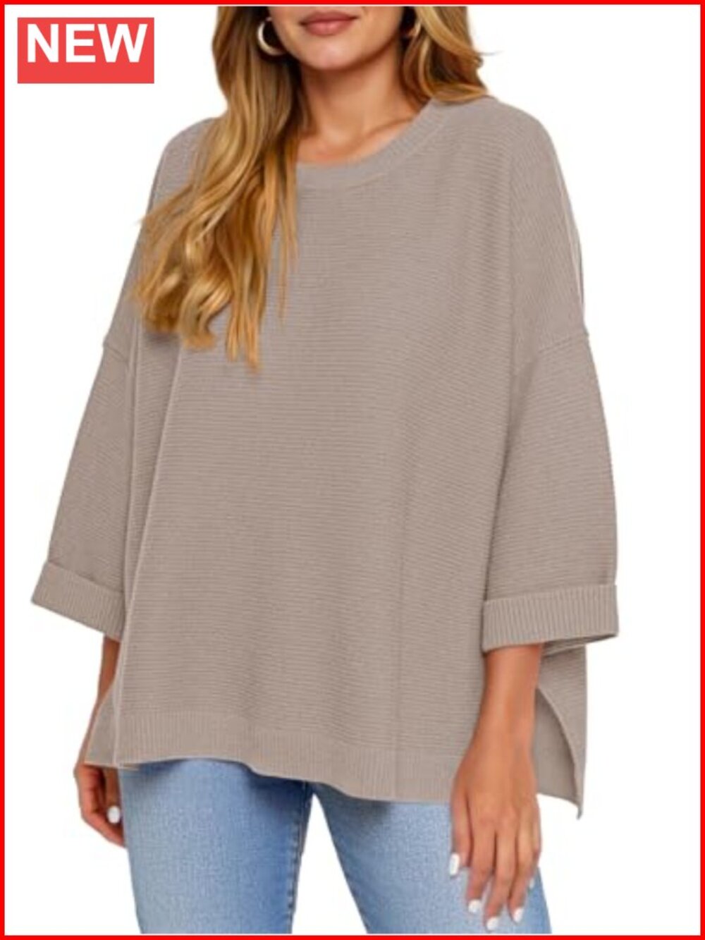 Oversized Chunky Ribbed Knit Pullover Sweater 3/4 Sleeve Crewneck Tunic - Khaki